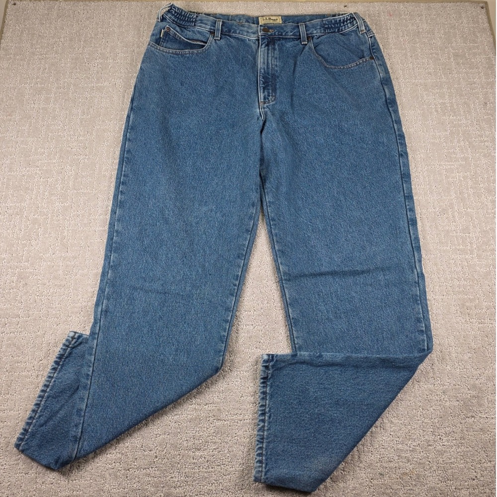 LL Bean Flannel Lined Comfort Elastic Waist Jeans Mens 40x34 Blue Plaid Denim
